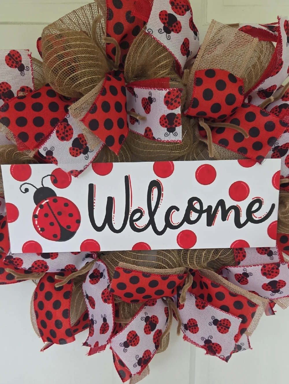Welcome Ladybug Wreath Burlap Farmhouse Wreath Summer Wreath Ladybug Door Decor
